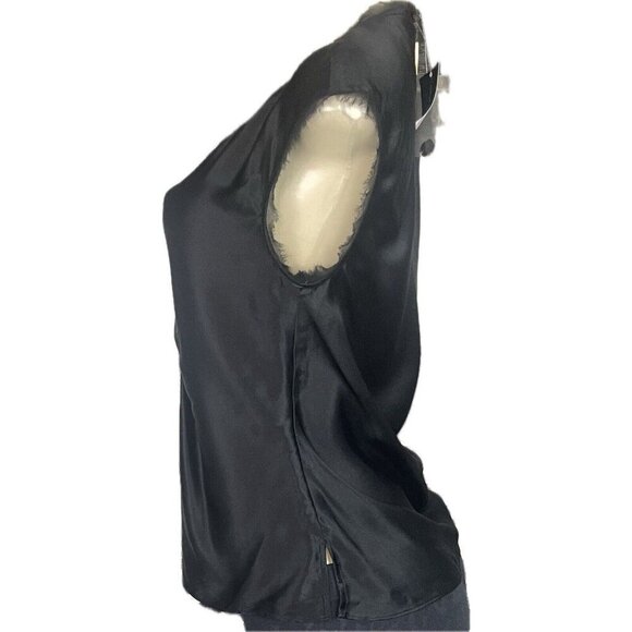 INC 6 Black 100% Silk Jewel Cinched V- Neck Raw Edge Mesh Trim Sleeveless Blouse - Picture 5 of 6